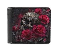 Jubonexis Dark Gothic Skull and Red Rose Soft PU Leather Bifold Wallet, Coin Purse Credit Pass Case, Durable Card-Holder Slim Billfold for Men Woman Money Storage
