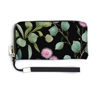 Jubonexis Dark Green Eucalyptus and Pink Flowers PU Leather Clutch Long Bifold Wallet, Coin Purse Credit Pass Case, Durable Card-Holder Money Storage for Women Men