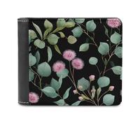 Jubonexis Dark Green Eucalyptus and Pink Flowers Soft PU Leather Bifold Wallet, Coin Purse Credit Pass Case, Durable Card-Holder Slim Billfold for Men Woman Money Storage