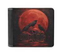 Jubonexis Dark Red Moon Three Crows Skull Soft PU Leather Bifold Wallet, Coin Purse Credit Pass Case, Durable Card-Holder Slim Billfold for Men Woman Money Storage