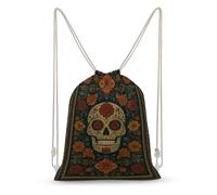 Jubonexis Day of The Dead Motifs Skull Floral Drawstring Backpack Canvas String Bag Lightweight Sports Gym Bag for Men Women