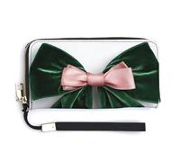 Jubonexis Deep Green and Pink Velvet Ribbon Bow PU Leather Clutch Long Bifold Wallet, Coin Purse Credit Pass Case, Durable Card-Holder Money Storage for Women Men