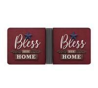 Jubonexis Deep Red Linen Texture Bless Our Home Soft PU Leather Bifold Wallet, Coin Purse Credit Pass Case, Durable Card-Holder Slim Billfold for Men Woman Money Storage