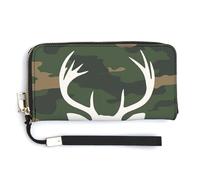 Jubonexis Deer Head Silhouette on Camouflage PU Leather Clutch Long Bifold Wallet, Coin Purse Credit Pass Case, Durable Card-Holder Money Storage for Women Men