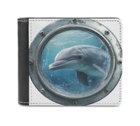 Jubonexis Dolphin in The Ocean Old Ship Porthole Soft PU Leather Bifold Wallet, Coin Purse Credit Pass Case, Durable Card-Holder Slim Billfold for Men Woman Money Storage