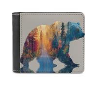 Jubonexis Double Exposure Bear Silhouette Forest Road Soft PU Leather Bifold Wallet, Coin Purse Credit Pass Case, Durable Card-Holder Slim Billfold for Men Woman Money Storage