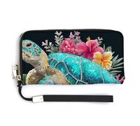 Jubonexis Ea Turtle with Tropical Flowers and Coral PU Leather Clutch Long Bifold Wallet, Coin Purse Credit Pass Case, Durable Card-Holder Money Storage for Women Men