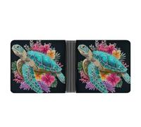 Jubonexis Ea Turtle with Tropical Flowers and Coral Soft PU Leather Bifold Wallet, Coin Purse Credit Pass Case, Durable Card-Holder Slim Billfold for Men Woman Money Storage