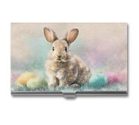 Jubonexis Easter Bunny Sitting on The Grass Business Card Holder, Pocket Slim Metal Business Card Case for Women Men