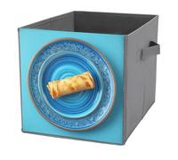 Jubonexis Egg Roll on A Retro Blue Plate Cube Storage Bins Storage Cubes Foldable Decorative Fabric Storage Baskets Home Organizers with Handles for Shelves,Closet, 27x27 CM