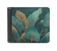 Jubonexis Emerald Green Banana Leaves Gold Outlines Soft PU Leather Bifold Wallet, Coin Purse Credit Pass Case, Durable Card-Holder Slim Billfold for Men Woman Money Storage