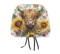 Jubonexis Fall Sunflower Floral Highland Cow Printed Car Headrest Cover,2 Pieces, Elastic Comfort Head Rest Cover for Women Men, Universal Fits Most Cars Van SUV Truck, Car Interior Decor Accessories