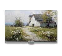 Jubonexis Farmhouse White Barn White Flowers Path Business Card Holder, Pocket Slim Metal Business Card Case for Women Men