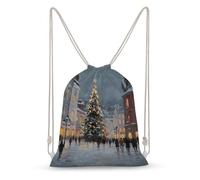 Jubonexis Festive Christmas Tree Snowy Streets Drawstring Backpack Canvas String Bag Lightweight Sports Gym Bag for Men Women