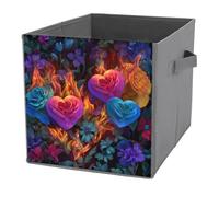Jubonexis Fire Heart with Flowers Roses Cube Storage Bins Storage Cubes Foldable Decorative Fabric Storage Baskets Home Organizers with Handles for Shelves,Closet, 27x27 CM