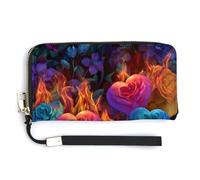 Jubonexis Fire Heart with Flowers Roses PU Leather Clutch Long Bifold Wallet, Coin Purse Credit Pass Case, Durable Card-Holder Money Storage for Women Men