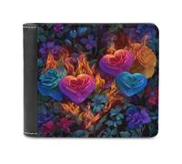 Jubonexis Fire Heart with Flowers Roses Soft PU Leather Bifold Wallet, Coin Purse Credit Pass Case, Durable Card-Holder Slim Billfold for Men Woman Money Storage