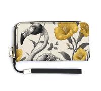 Jubonexis Flamingo Bones and Yellow Flowers Vintage PU Leather Clutch Long Bifold Wallet, Coin Purse Credit Pass Case, Durable Card-Holder Money Storage for Women Men