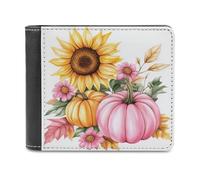 Jubonexis Floral Sunflowers and Pink Pumpkins Soft PU Leather Bifold Wallet, Coin Purse Credit Pass Case, Durable Card-Holder Slim Billfold for Men Woman Money Storage