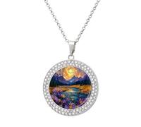Jubonexis Flowing River Sunrise Round Pendant Necklace Silver Jewelry for Women