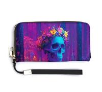 Jubonexis Forest Skeleton Wearing Colorful Flower PU Leather Clutch Long Bifold Wallet, Coin Purse Credit Pass Case, Durable Card-Holder Money Storage for Women Men