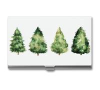 Jubonexis Four Christmas Trees Watercolor Business Card Holder, Pocket Slim Metal Business Card Case for Women Men