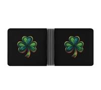 Jubonexis Four Leaf Clover on Black Soft PU Leather Bifold Wallet, Coin Purse Credit Pass Case, Durable Card-Holder Slim Billfold for Men Woman Money Storage