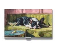 Jubonexis French Bulldog Lies on The Green Sofa Business Card Holder, Pocket Slim Metal Business Card Case for Women Men