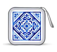 Jubonexis Geometric Mediterranean Blue White Square Tile CD Case DVD Storage Case Portable for Car Home Travel
