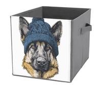 Jubonexis German Shepherd Wearing A Blue Knit Beanie Cube Storage Bins Storage Cubes Foldable Decorative Fabric Storage Baskets Home Organizers with Handles for Shelves,Closet, 27x27 CM