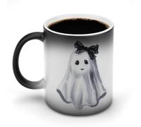 Jubonexis Ghost with Black Lace Bow Spooky Halloween Color Changing Mugs Heat Changing Ceramic Coffee Mug Novelty Funny Tea Water Cup 11OZ