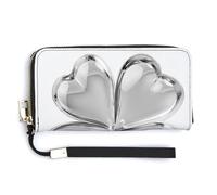 Jubonexis Glossy Silver Clover with Four Heart-Shaped Leaves PU Leather Clutch Long Bifold Wallet, Coin Purse Credit Pass Case, Durable Card-Holder Money Storage for Women Men