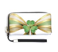 Jubonexis Gold Bow with A Green 4-Leaf Clover PU Leather Clutch Long Bifold Wallet, Coin Purse Credit Pass Case, Durable Card-Holder Money Storage for Women Men