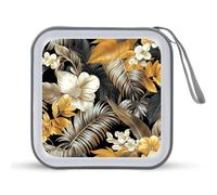 Jubonexis Gold Grey Palm Leaves Flowers CD Case DVD Storage Case Portable