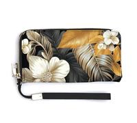 Jubonexis Gold Grey Palm Leaves Flowers PU Leather Clutch Long Bifold Wallet, Coin Purse Credit Pass Case, Durable Card-Holder Money Storage for Women Men