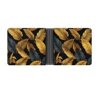 Jubonexis Golden and Black Leaves Fabric Pattern Soft PU Leather Bifold Wallet, Coin Purse Credit Pass Case, Durable Card-Holder Slim Billfold for Men Woman Money Storage