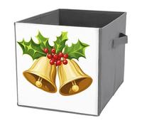 Jubonexis Golden Christmas Bells with Red Berries Cube Storage Bins Storage Cubes Foldable Decorative Fabric Storage Baskets Home Organizers with Handles for Shelves,Closet, 27x27 CM