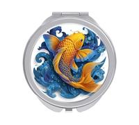 Jubonexis Golden Fish Blue Swirling Waves Women Pocket Mirrors, Girls Small Portable Travel Makeup Mini Mirror