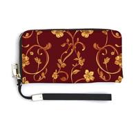 Jubonexis Golden Flower Swirling Vine on Red PU Leather Clutch Long Bifold Wallet, Coin Purse Credit Pass Case, Durable Card-Holder Money Storage for Women Men