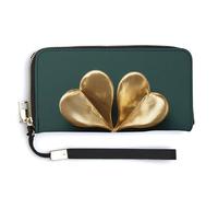 Jubonexis Golden Four-Leaf Clover on Dark Green PU Leather Clutch Long Bifold Wallet, Coin Purse Credit Pass Case, Durable Card-Holder Money Storage for Women Men