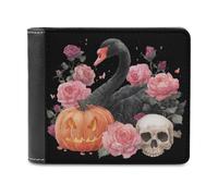 Jubonexis Gothic Aesthetic Black Swan Pink Roses Skull Soft PU Leather Bifold Wallet, Coin Purse Credit Pass Case, Durable Card-Holder Slim Billfold for Men Woman Money Storage