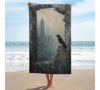 Jubonexis Gothic Black Crow Ruined Building Beach Towel Sand Free Microfiber Large Shower Towels Multipurpose Absorbent for Bathroom Pool 130x80 CM