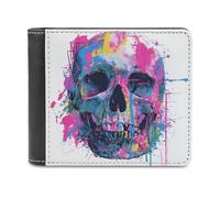 Jubonexis Graffiti Skull with Neon Splashes Soft PU Leather Bifold Wallet, Coin Purse Credit Pass Case, Durable Card-Holder Slim Billfold for Men Woman Money Storage