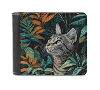 Jubonexis Gray Striped Cat Tropical Plants Soft PU Leather Bifold Wallet, Coin Purse Credit Pass Case, Durable Card-Holder Slim Billfold for Men Woman Money Storage