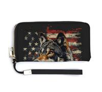 Jubonexis Gray Wolf Head American Flag PU Leather Clutch Long Bifold Wallet, Coin Purse Credit Pass Case, Durable Card-Holder Money Storage for Women Men