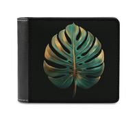 Jubonexis Green and Gold Tropical Leaf on Black Soft PU Leather Bifold Wallet, Coin Purse Credit Pass Case, Durable Card-Holder Slim Billfold for Men Woman Money Storage