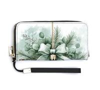 Jubonexis Green Christmas Ornament Eucalyptus Leaves PU Leather Clutch Long Bifold Wallet, Coin Purse Credit Pass Case, Durable Card-Holder Money Storage for Women Men