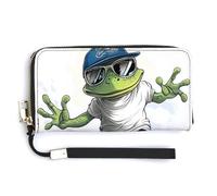 Jubonexis Green Frog Riding A Skateboard PU Leather Clutch Long Bifold Wallet, Coin Purse Credit Pass Case, Durable Card-Holder Money Storage for Women Men