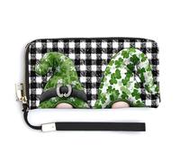 Jubonexis Green Hats Gnomes on Black White Checkered PU Leather Clutch Long Bifold Wallet, Coin Purse Credit Pass Case, Durable Card-Holder Money Storage for Women Men