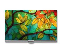 Jubonexis Green Leaf Yellow Blue Red Stained Glass Business Card Holder, Pocket Slim Metal Business Card Case for Women Men